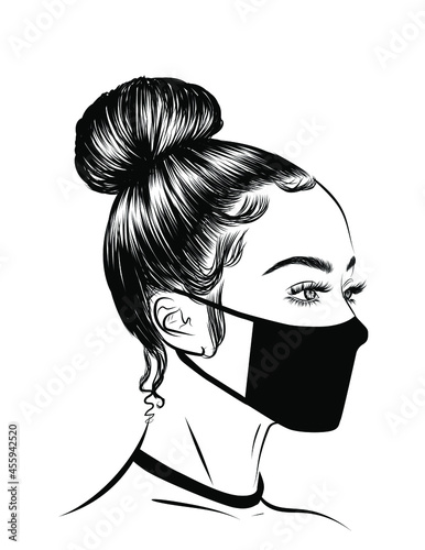 Illustration of a girl with hair bun and face mask. Detailed eyebrows and natural eyelashes. Trendy makeup look with sharp eyeliner. Social media post, banner, illustration for business cards, salons.