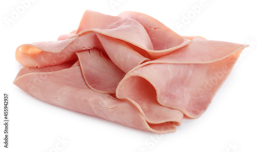 Heap of delicious ham slices isolated on white