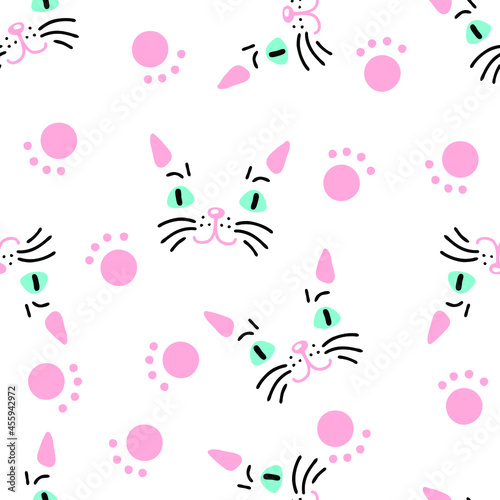 Light seamless pattern with kitten muzzles and paws. Perfect for scrapbooking, poster, textile and prints. Hand drawn illustration for decor and design.
