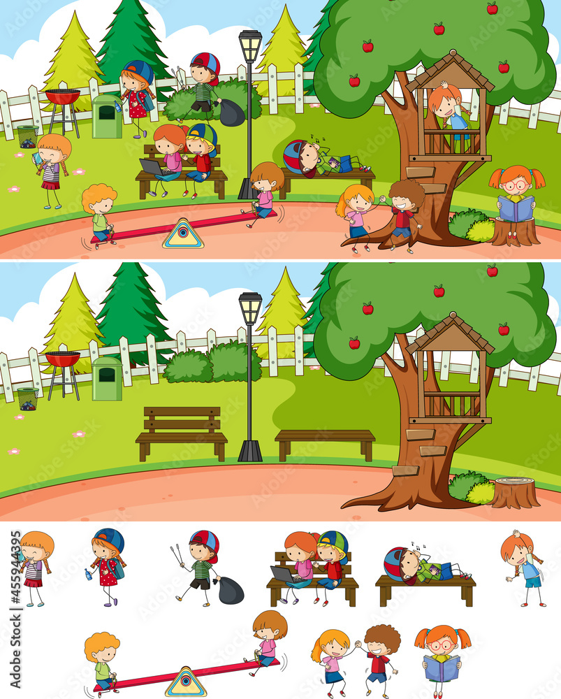 Obraz premium Park scene set with many kids doodle cartoon character isolated