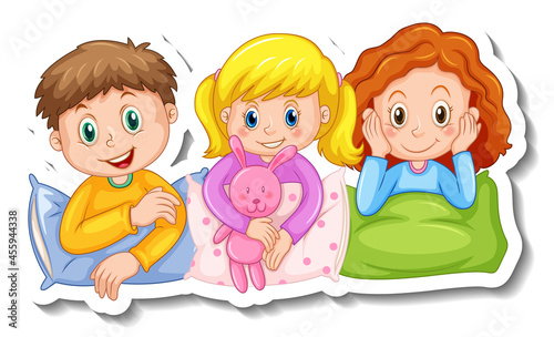 Sticker template with three kids in pajamas costumes isolated