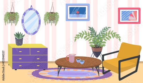 Comfortable house apartment room place, green organic cozy home plants, relax cabinet flat vector illustration, vintage style mirror.