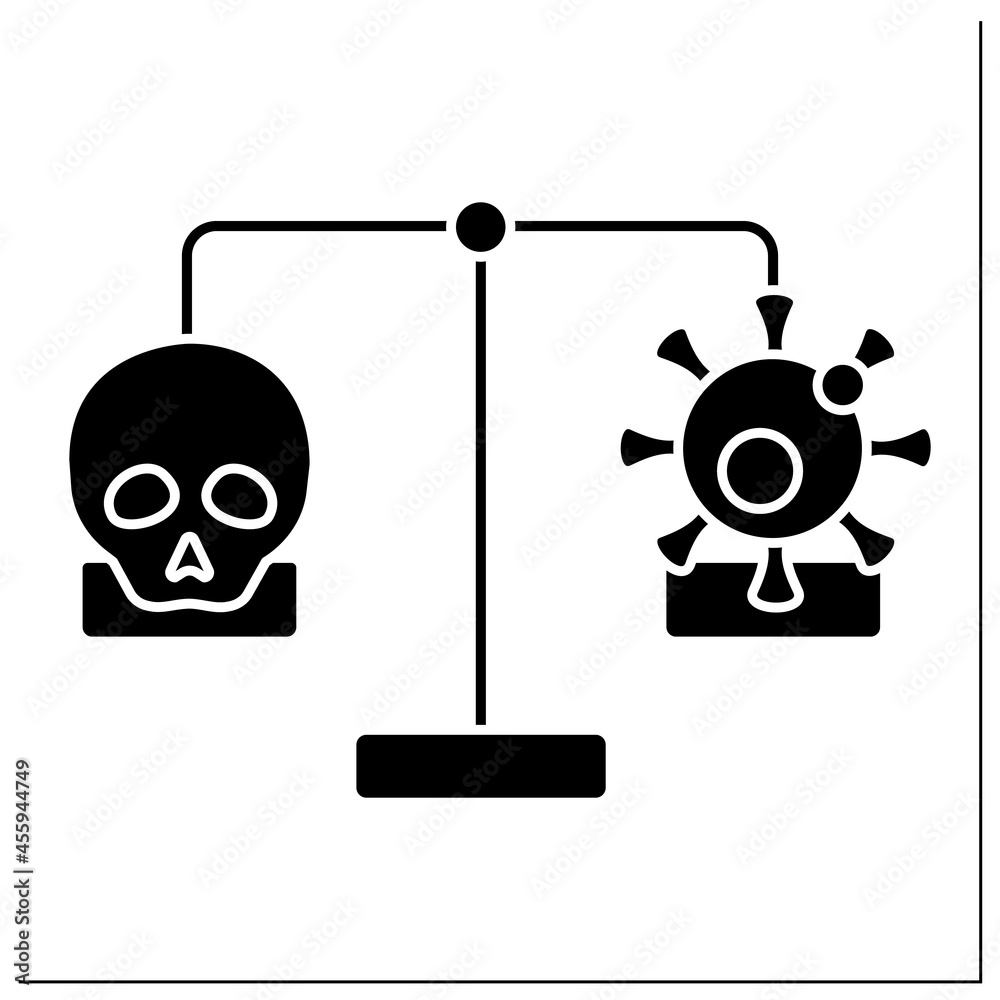 Mortality and morbidity glyph icon. Specific illness or condition. Number of deaths due to illness or condition. Balance. Pandemic concept.Filled flat sign. Isolated silhouette vector illustration Mortality and morbidity glyph icon. Specific illness or condition. Number of deaths due to illness or condition. Balance. Pandemic concept.Filled flat sign. Isolated silhouette vector illustration
