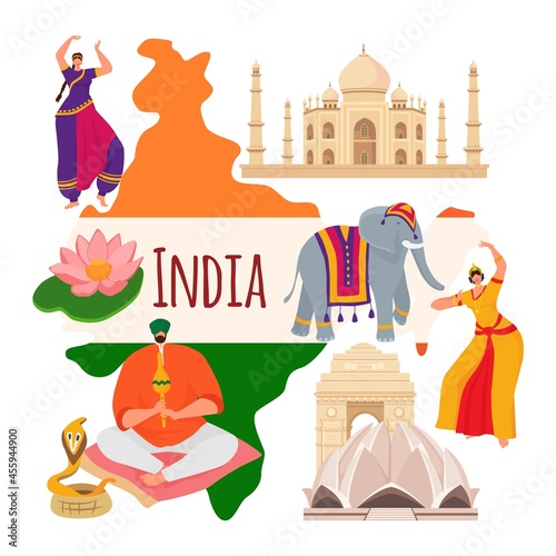 India country research concept, world asian oriental stereotype snake charmer, temple and elephant flat vector illustration, isolated on white.