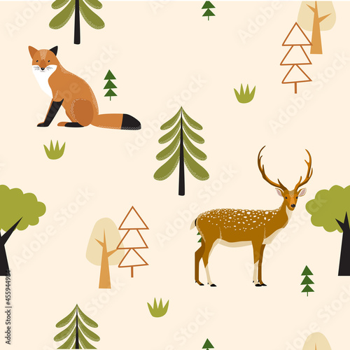 Vector forest background with fox and deeer. Seamless background. Wild nature. Summer forest