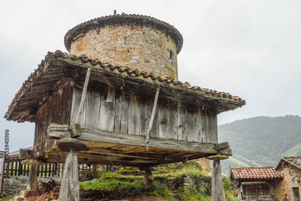 Typical Asturian granary in the town of Bandujo - obrazy, fototapety, plakaty 