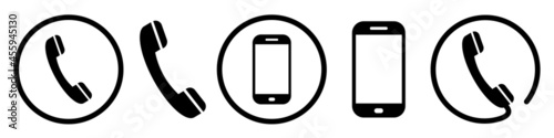 Set of phone icons. Telephone receiver and mobile phone. Web-buttons, support service, contact. Call center, communication. Vector. photo