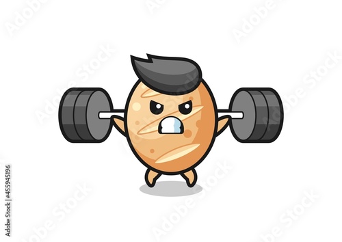 french bread mascot cartoon with a barbell