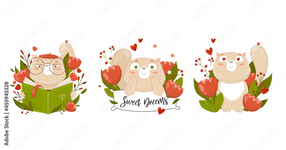 Obraz premium Vector set of cute cartoon cats. The cat is reading, the cat is sleeping, the cat has fallen in love. Pets.