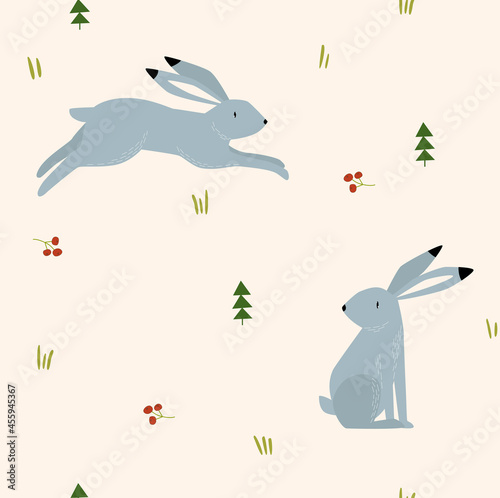 Vector background with hares. Spring background. Hares in the forest. Can be printed on fabric, paper © olga
