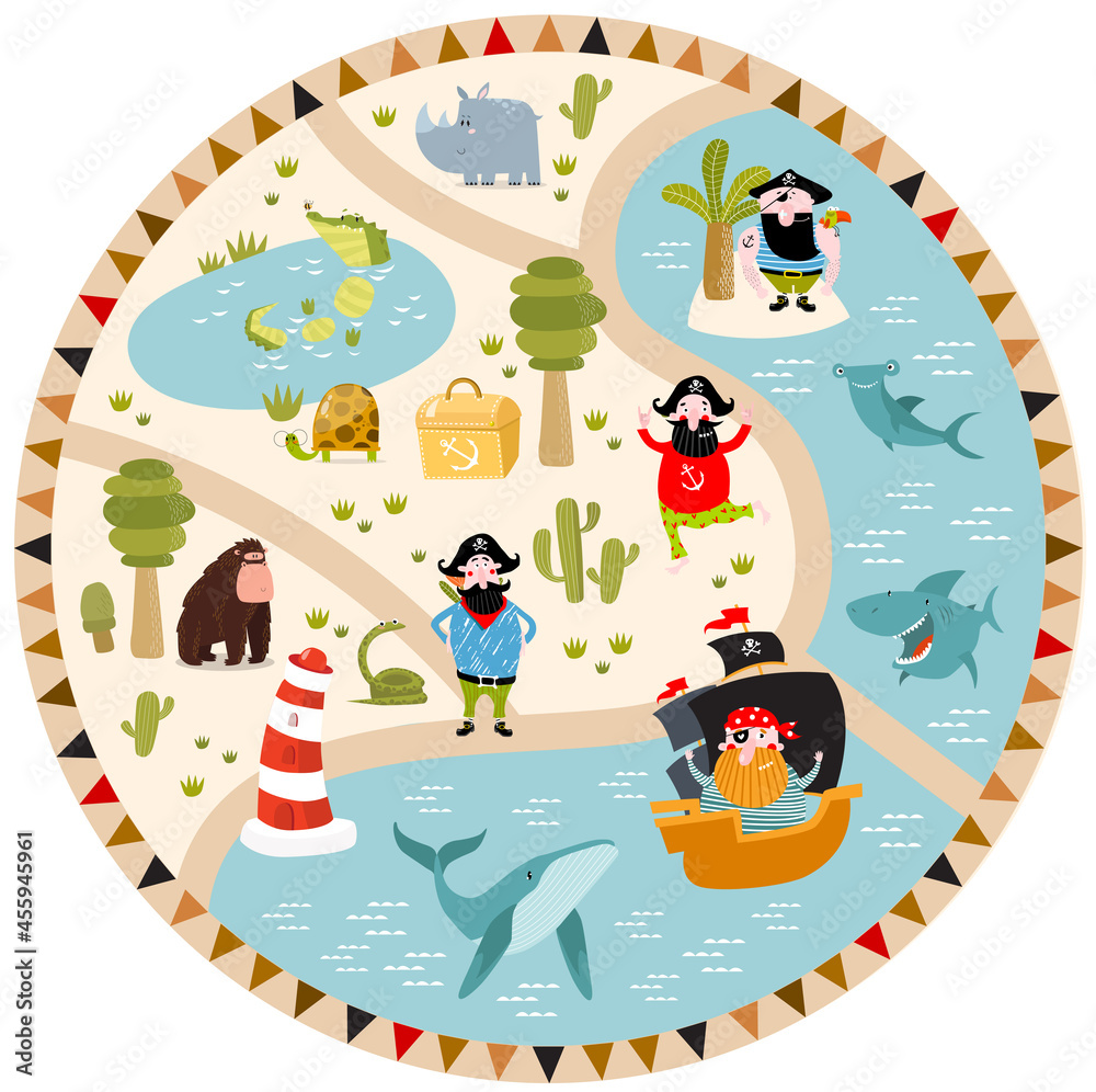 Naklejka premium Tropical maze with animals and pirates. Cartoon tropical animals. African animals. Cartoon cute pirates. A game for children. Children's play mat.