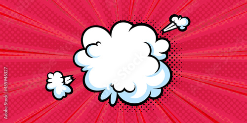 Pop art boom cloud in halftone background for sales and promotions. Red banner template for surprises and bursting events. Vector illustration in pop art style