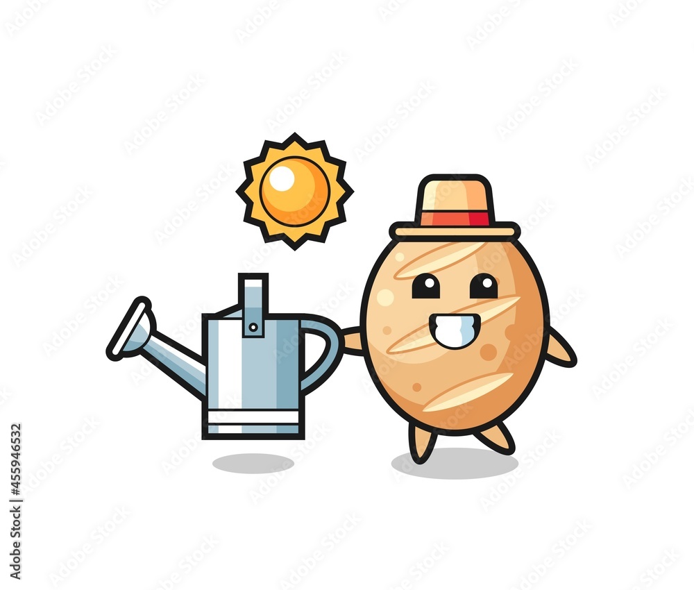 Cartoon character of french bread holding watering can Cartoon character of french bread holding watering can