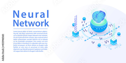 Neural Network and AI vector infographic in wide web banner layout. Notebook and data processing with isometric 3d icons.
