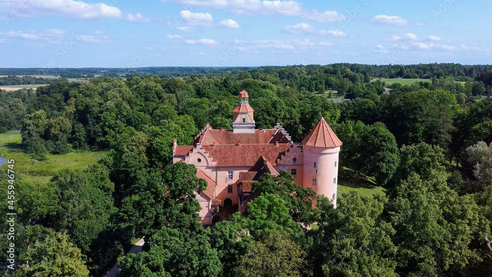 Edole Castle in Latvia, Courland (Kurzeme), Western Latvia. History, Architecture, Travel Destinations, National Landmark. Aerial View of Edole Medieval Castle Build in Neogothic Style 