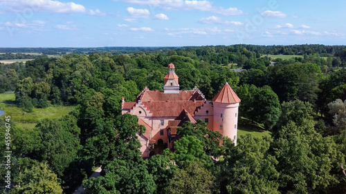 Edole Castle in Latvia  Courland  Kurzeme   Western Latvia. History  Architecture  Travel Destinations  National Landmark. Aerial View of Edole Medieval Castle Build in Neogothic Style 