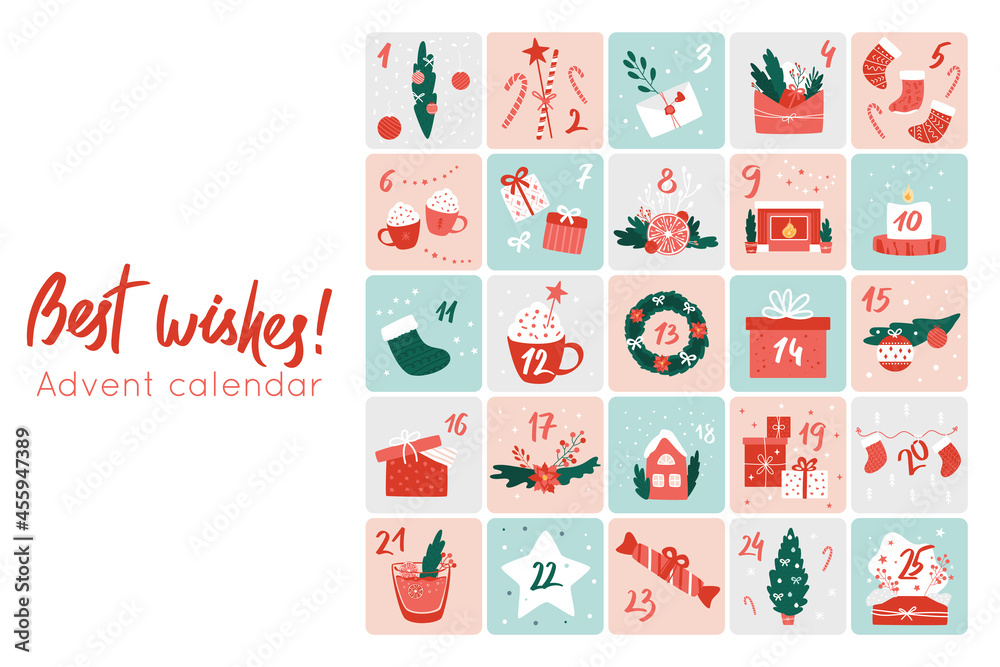 Advent calendar. Cute and cozy illustrations with numbers 1 to 25. Big set of Christmas objects, decor elements. New Year and Xmas celebration preparation. Holiday hand drawn symbols