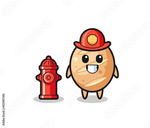 Mascot character of french bread as a firefighter