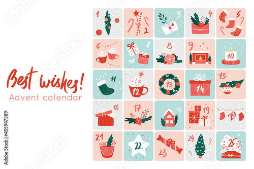 Advent calendar. Cute and cozy illustrations with numbers 1 to 25. Big set of Christmas objects, decor elements. New Year and Xmas celebration preparation. Holiday hand drawn symbols