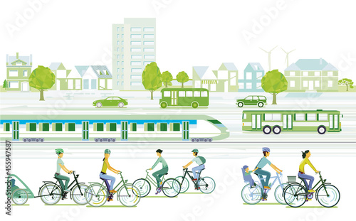 Ökologische Stadt mit Radfahrern und Passagierzug