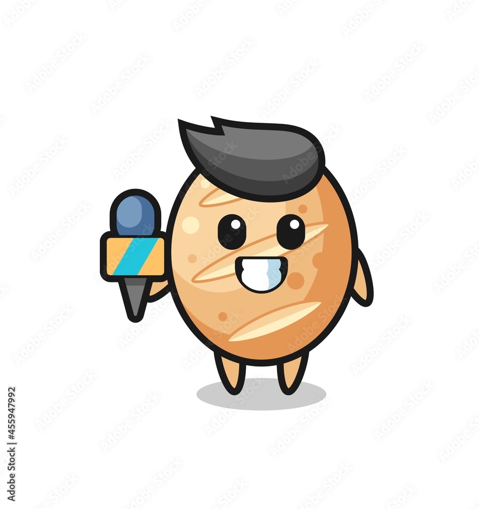 Character mascot of french bread as a news reporter