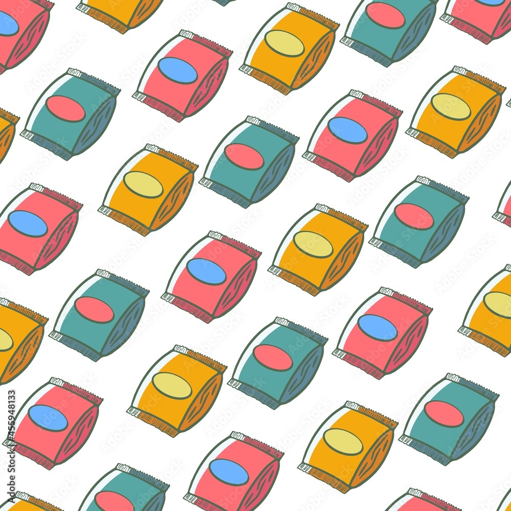 Colourful Seamless pattern with packs and snacks and chips Colourful Seamless pattern with packs and snacks and chips
