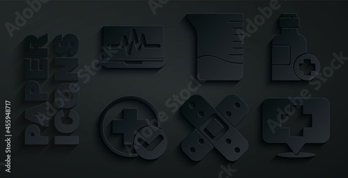 Set Crossed bandage plaster, Bottle of medicine syrup, hospital medical, Map pointer with cross, Measuring cup and Laptop cardiogram icon. Vector