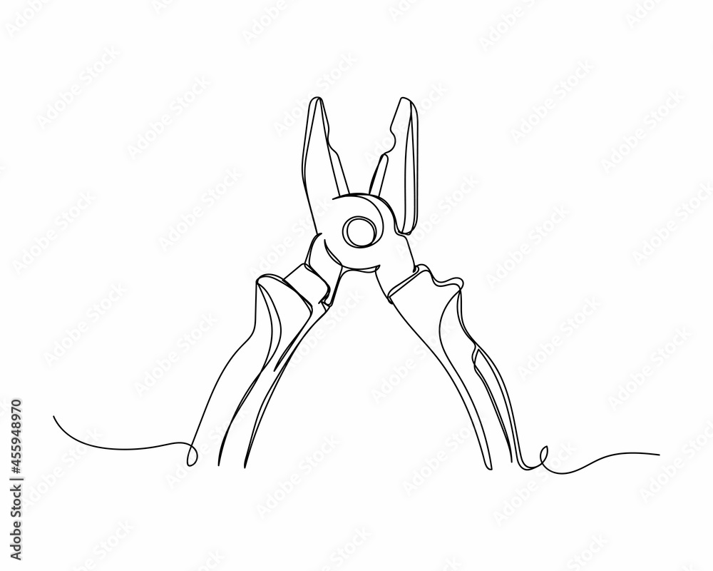 Continuous one line drawing of pliers icon in silhouette on a white background. Linear stylized. Continuous one line drawing of pliers icon in silhouette on a white background. Linear stylized.