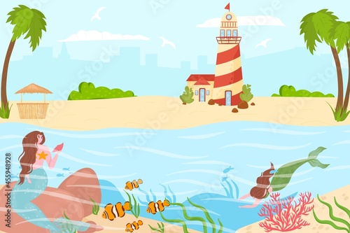 Magical mermaid sea creature swim near tropical country beach and lighthouse, ocean character nymph relax sea shore flat vector illustration.