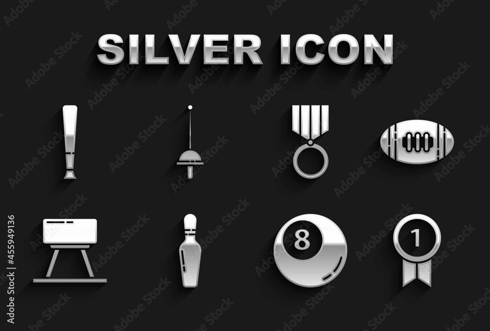 Set Bowling pin, American Football ball, Medal, Billiard pool snooker, Pommel horse, Baseball bat and Fencing icon. Vector Set Bowling pin, American Football ball, Medal, Billiard pool snooker, Pommel horse, Baseball bat and Fencing icon. Vector