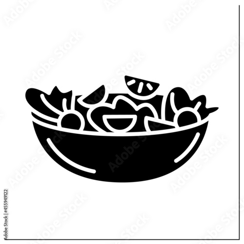 Vegetable salad glyph icon.Veggie fresh ingredients in a bowl. Homemade healthy lunch or dinner. Diet and vegetarian recipe.Filled flat sign. Isolated silhouette vector illustration