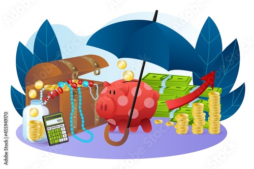 Piggy bank stand near cash dollar stack, treasure chest with gold jewelry, increase wealth flat vector illustration, isolated on white.