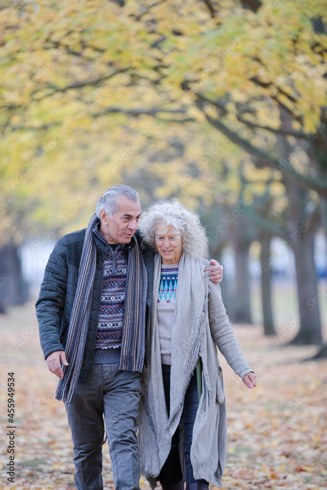 Affectionate couple hugging, walking among trees and leaves in autumn park Affectionate couple hugging, walking among trees and leaves in autumn park