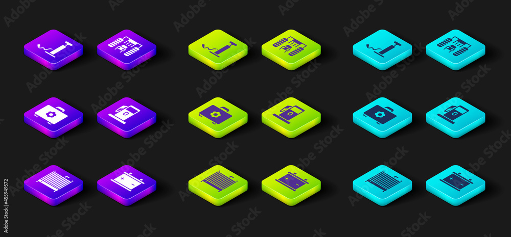 Set Car radiator cooling system, battery, Toolbox, Petrol Gas station, wash and air pump icon. Vector Set Car radiator cooling system, battery, Toolbox, Petrol Gas station, wash and air pump icon. Vector