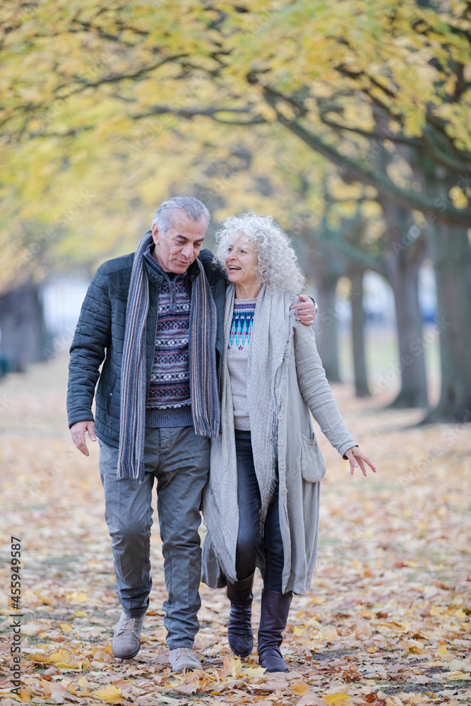 Affectionate couple hugging, walking among trees and leaves in autumn park Affectionate couple hugging, walking among trees and leaves in autumn park