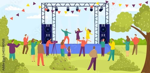 Modern outdoor rock music festival, people character together watch entertainment performance flat vector illustration, banner forest place.