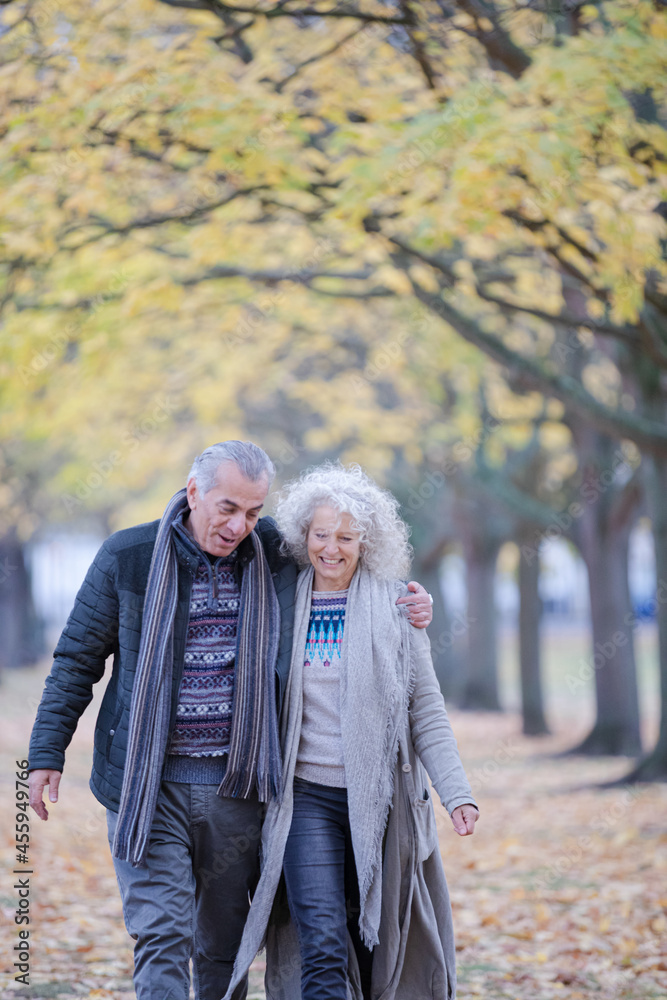 Fototapeta premium Affectionate couple hugging, walking among trees and leaves in autumn park