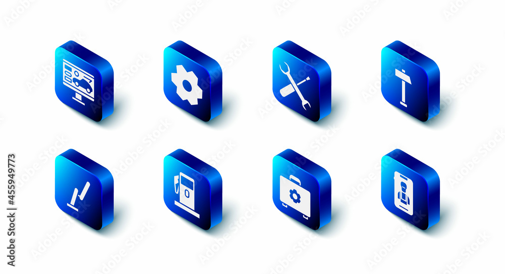 Set Gear, Screwdriver and wrench spanner, Hammer, Online car services, Toolbox, Petrol or Gas station, Windscreen wiper and Diagnostics condition of icon. Vector Set Gear, Screwdriver and wrench spanner, Hammer, Online car services, Toolbox, Petrol or Gas station, Windscreen wiper and Diagnostics condition of icon. Vector