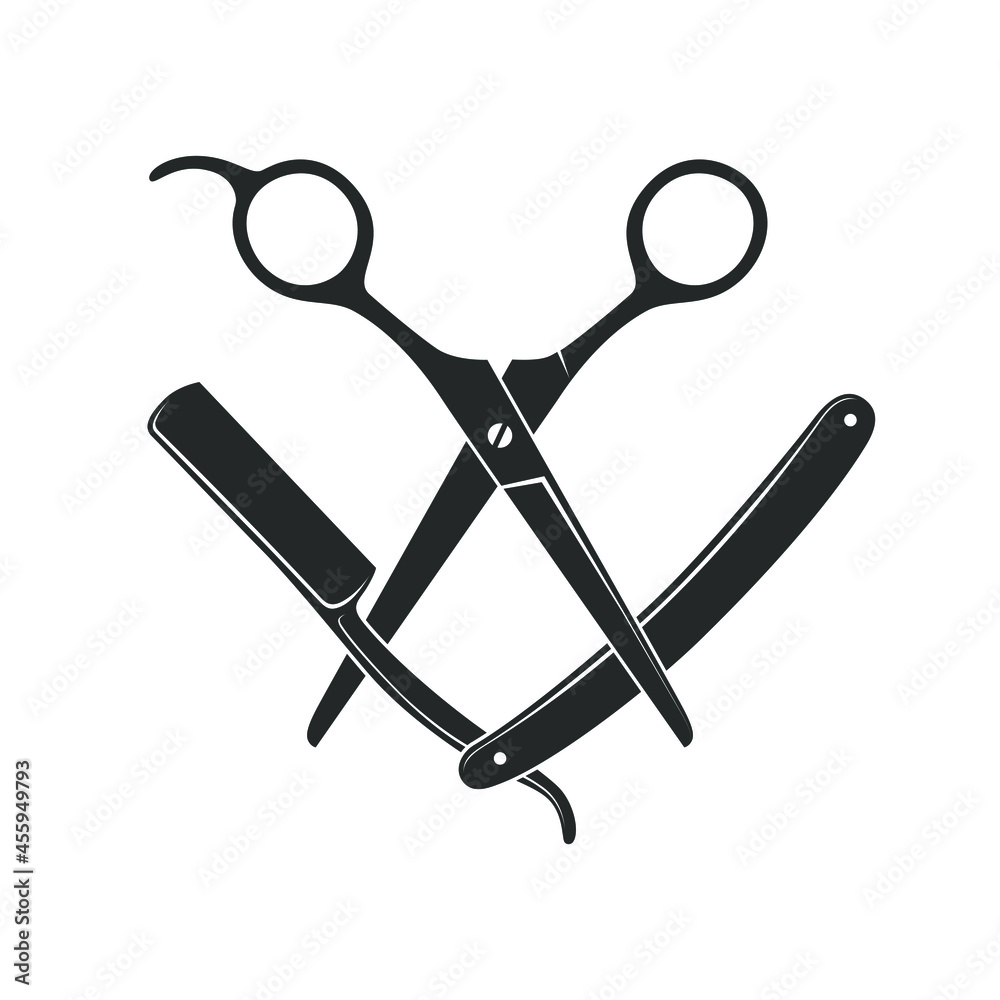 Scissors and straight razor graphic icon. Sign crossed scissors and razor isolated on white background. Barbershop symbols. Vector illustration - obrazy, fototapety, plakaty 