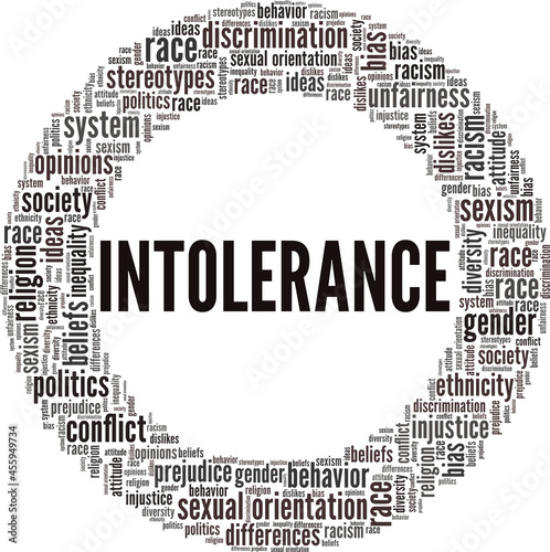 Intolerance (social, personal, racial, sexual...) vector illustration word cloud isolated on a white background.