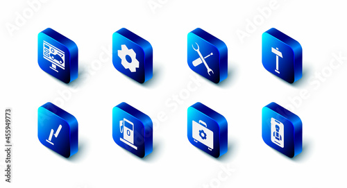 Set Gear, Screwdriver and wrench spanner, Hammer, Online car services, Toolbox, Petrol or Gas station, Windscreen wiper and Diagnostics condition of icon. Vector