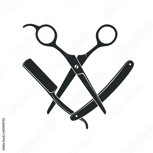 Scissors and straight razor graphic icon. Sign crossed scissors and razor isolated on white background. Barbershop symbols. Vector illustration photo