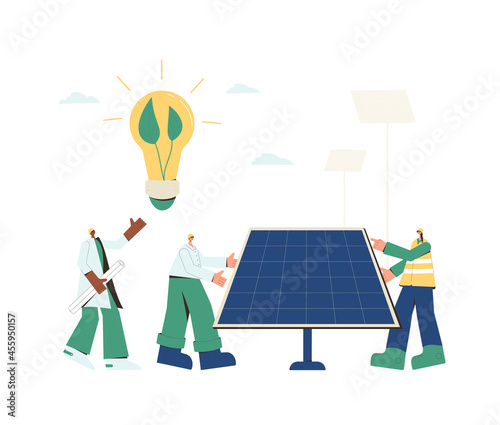 Renewable alternative electricity. Solar panels installing. Field service technicians workers, architect,  mechanical engineer and project coordinator building moduls. Green tech. Vector illustration