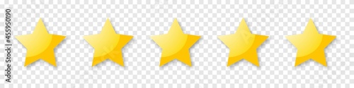 five stars. gold 5 yellow vector star isolated on transparent background.