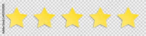 five stars. gold 5 yellow vector star isolated on transparent background.