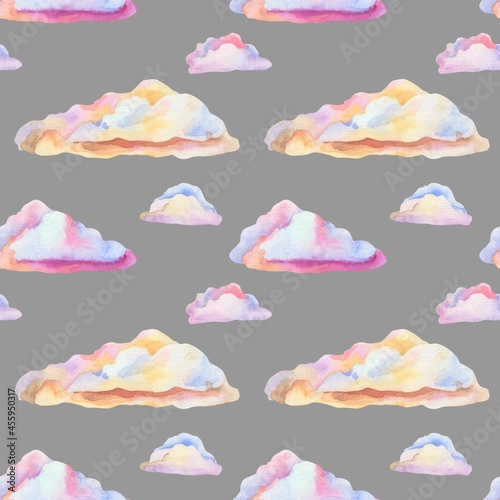 Beautiful seamless background with delicate watercolor clouds. Symbols of good luck. It can be used as a background template for wallpaper, printing on fabrics, packaging paper, etc.