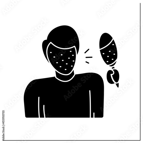Rash glyph icon. Male avatar, covered in pimples looking in mirror shocked.Skin problem, allergic reaction, a and infection disease. Filled flat sign. Isolated silhouette vector illustration
