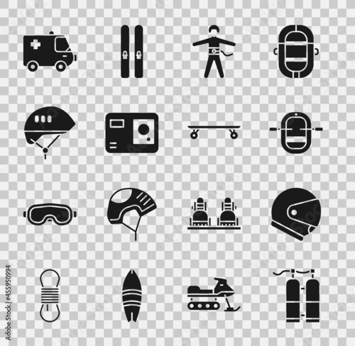 Set Aqualung, Helmet, Rafting boat, Bungee jumping, Action extreme camera, Bicycle helmet, Ambulance and emergency car and Longboard or skateboard icon. Vector