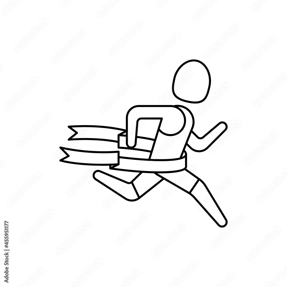 Runner at finish tears ribbon. Winner, champion. Thin line icon. Modern vector illustration. Runner at finish tears ribbon. Winner, champion. Thin line icon. Modern vector illustration.