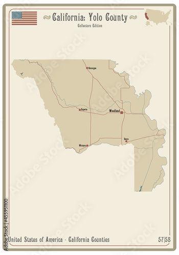 Map on an old playing card of Yolo county in California, USA.